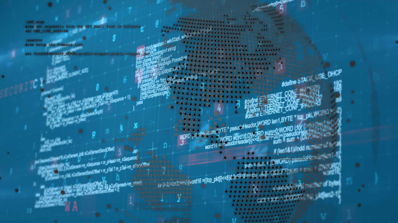 Cyber security data processing over spinning globe against blue background