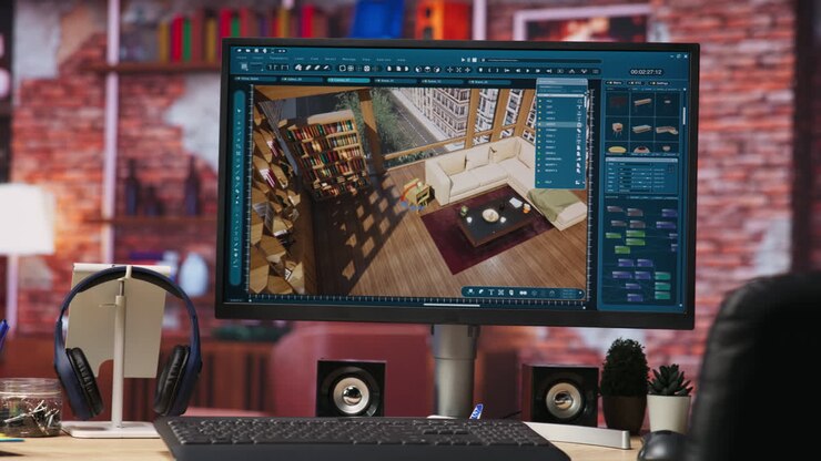 Arkitekttegningssoftware på computer i hjemmekontor, nærbillede.