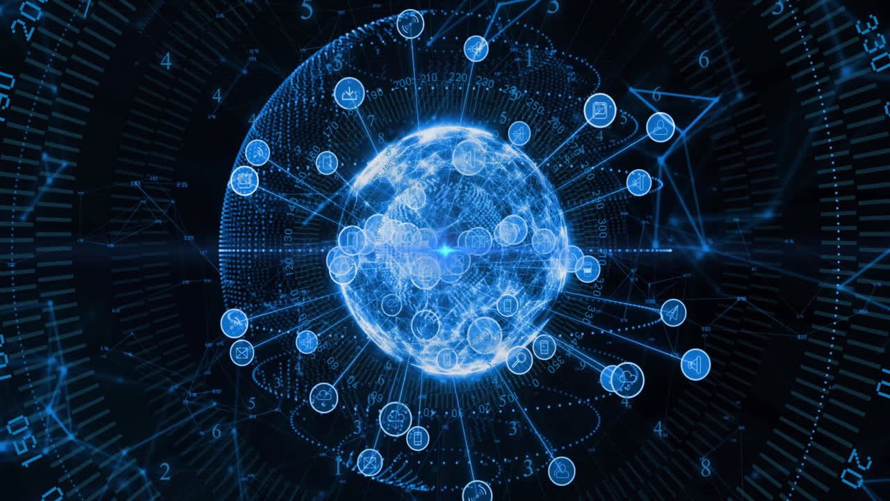 Animation of connections, digital data processing over globe