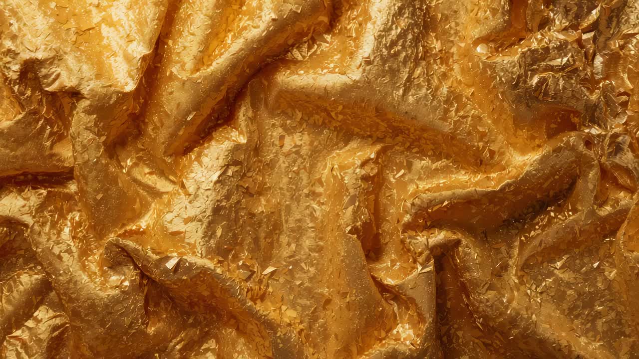 Sweeping directional light moving across crumpled gold foil close-up, revealing growing gloss