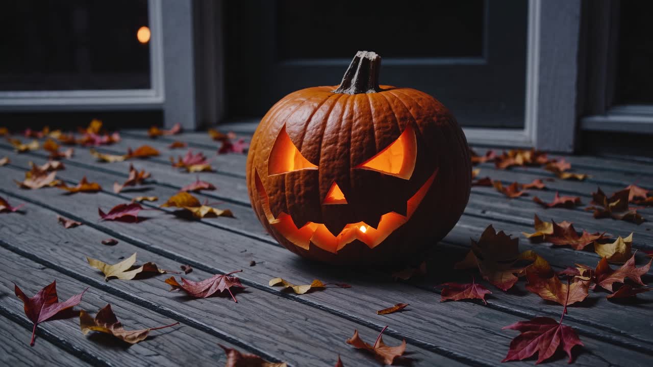 A low-angle shot of a carved pumpkin with a glowing face on a wooden porch, surrounded by autumn