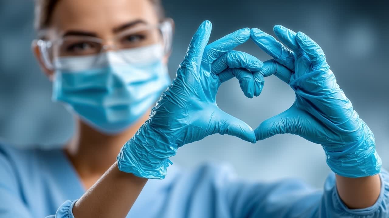 Nahaufnahme-Porträt einer weiblichen Krankenschwester, die eine Gesichtsmaske trägt und mit behandschuhten Händen eine Herz-Geste macht