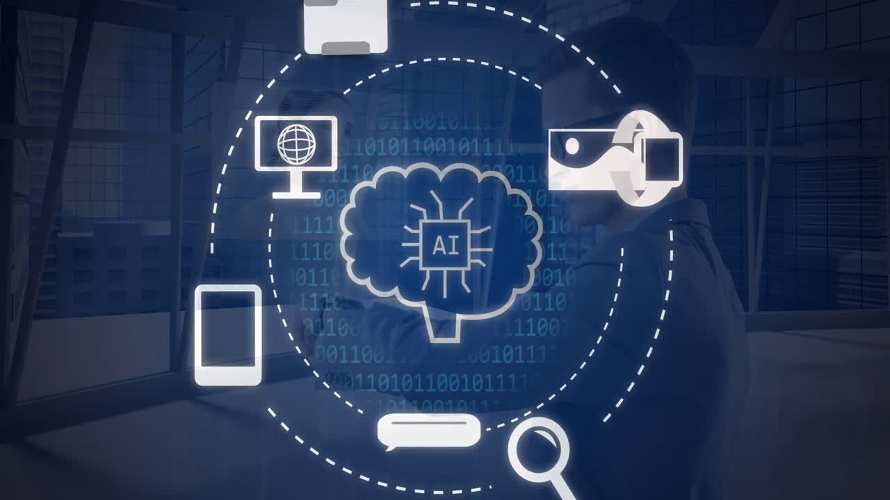 Animation of ai data processing and icons over blue background