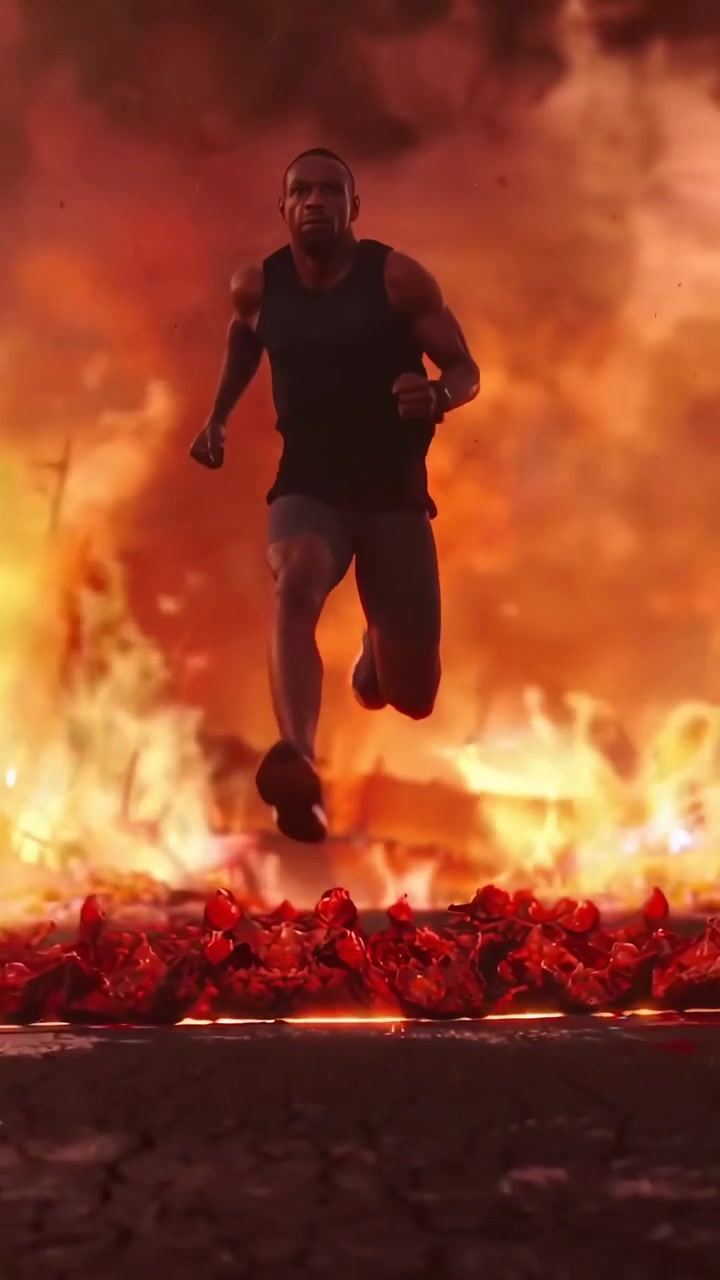 Hombre decidido corriendo por un paisaje ardiente