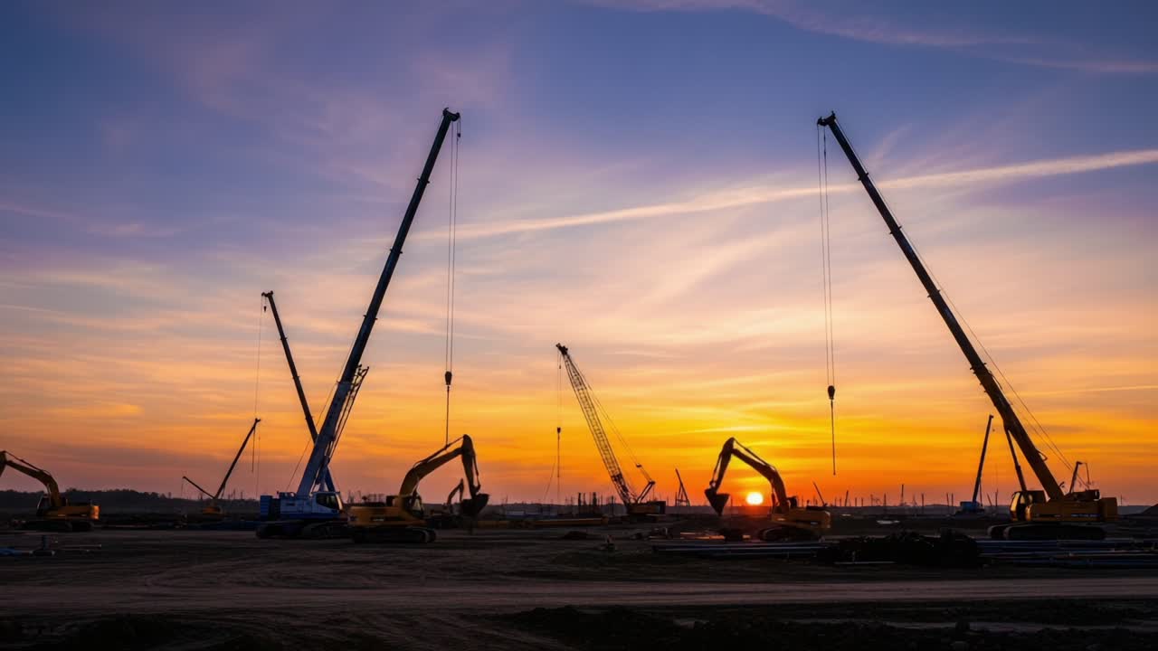 Majestic Sunset Over Construction Site with Tower Cranes and Heavy Equipment Silhouetted Against Vibrant Sky Colors