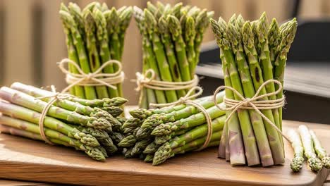 beautifully arranged bundles of fresh asparagus on a wooden cutting board, showcasing the vibrant green stalks tied together for a rustic culinary presentation
