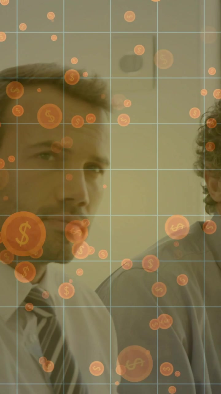 Vertical video: Lead looking right pointing and presenting plan team clapping biz grid orange bits