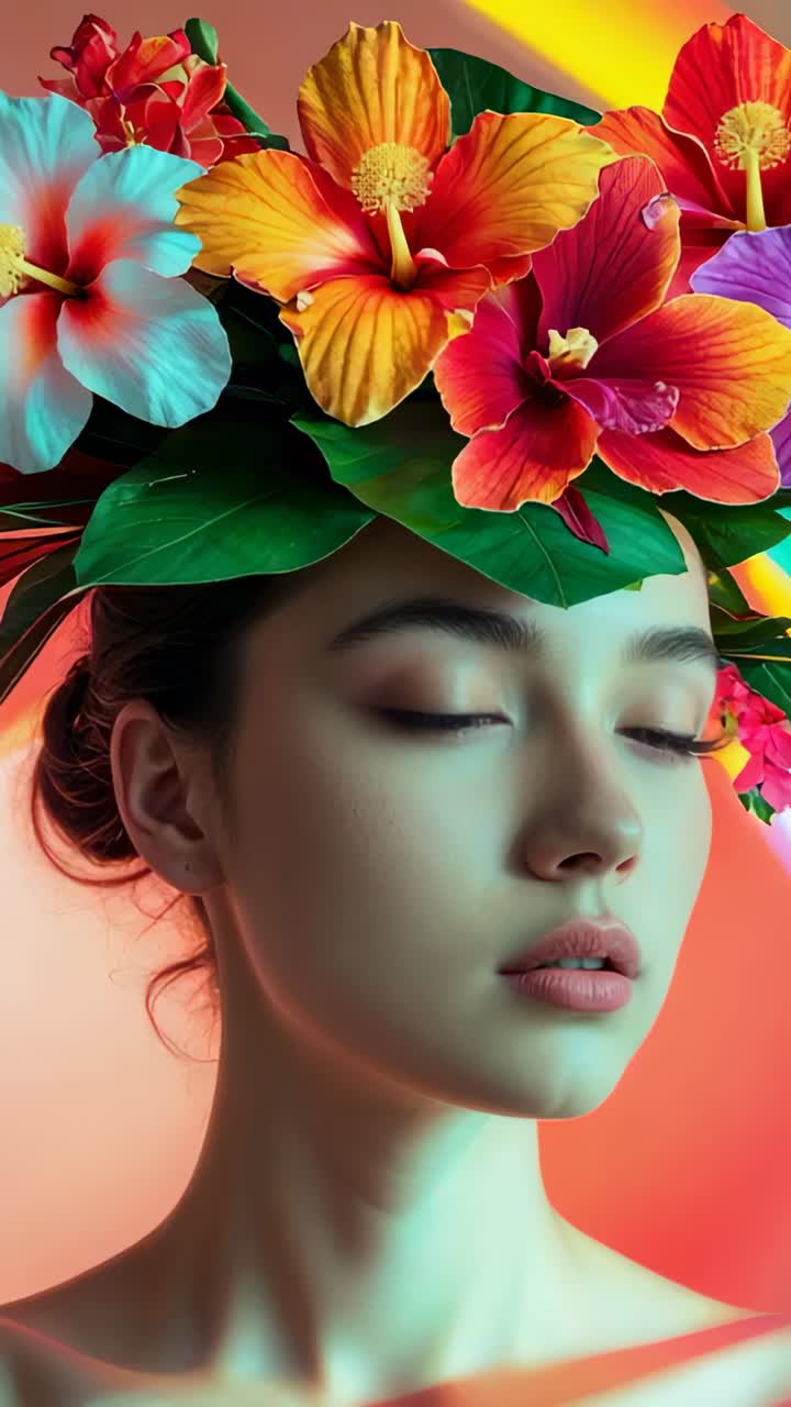 Vertical video: Starting photoshoot model turning to front on set highlighting floral headpiece