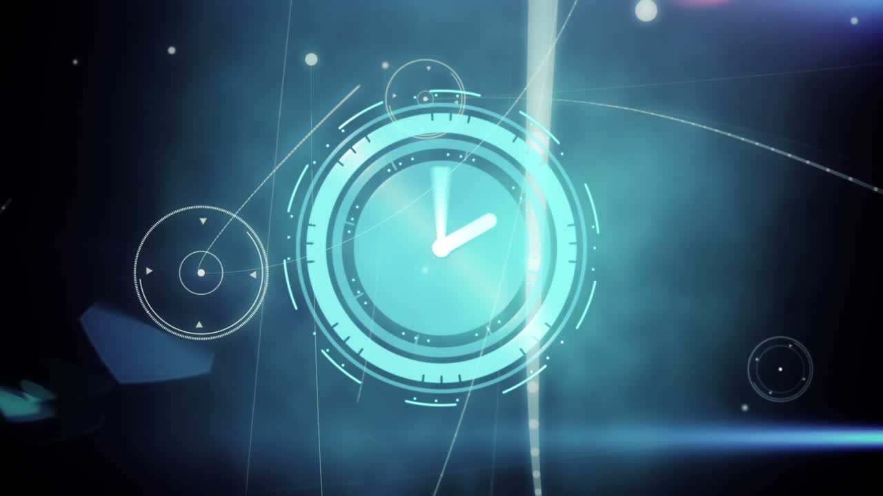 Animation of network of connections and clock moving over black background