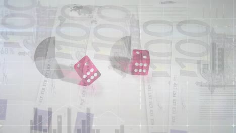 Animation-of-financial-data-processing-over-two-dice-and-euro-currency-bills-in-background