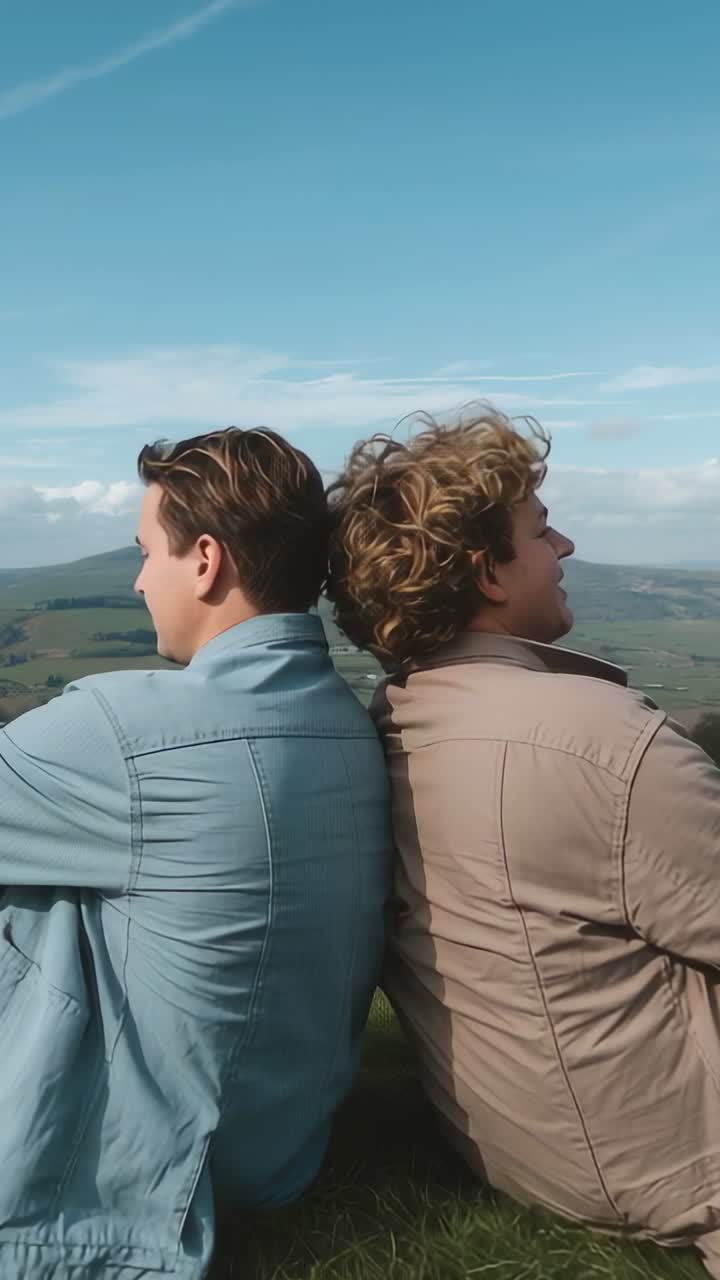 Verticale video: Aanpassing als een bries die door het haar waait, twee mannen rug aan rug rustend op een heuvel in jassen