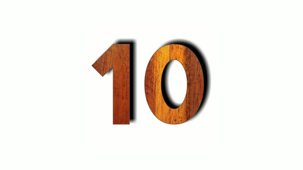 Wooden number 10 ten animation drop down on white background. Motion graphics numbers sign symbol for video element