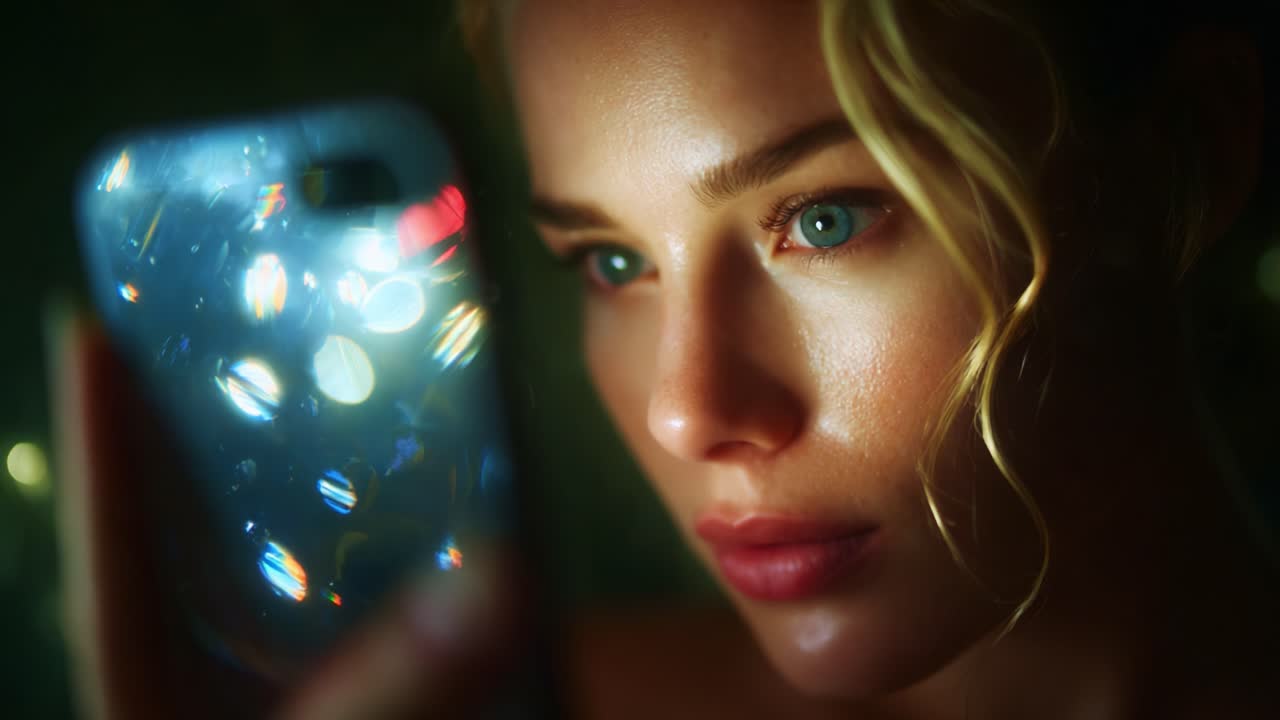 A captivating close-up of a young woman intently gazing at her smartphone, illuminated by the soft glow of light reflections, highlighting her expressive features and the intricate details of her phone