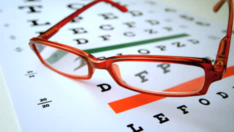 gafas de lectura rojas cayendo sobre la prueba de ojos
