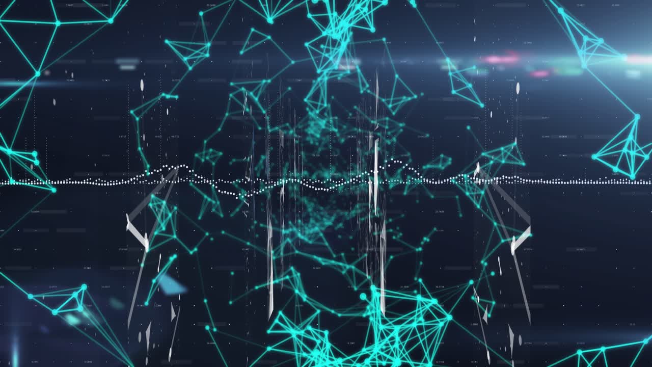 Animation of data processing over glowing green network of connections against blue background