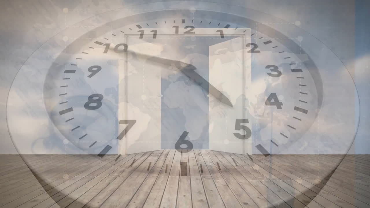 하늘의 구름에 문을 열고 있는 시계의 애니메이션