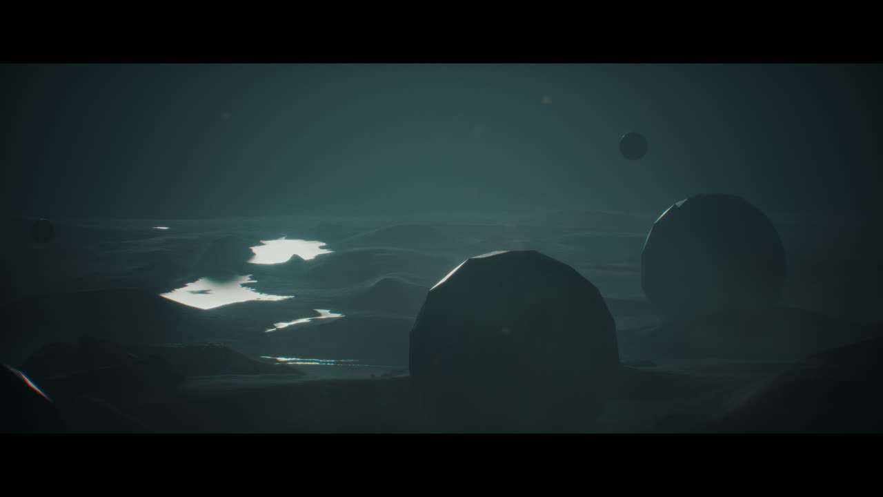 Alien planet desert landscape at night with strange sphere-shaped buildings