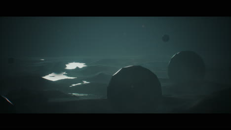 alien planet desert landscape at night with strange sphere-shaped buildings