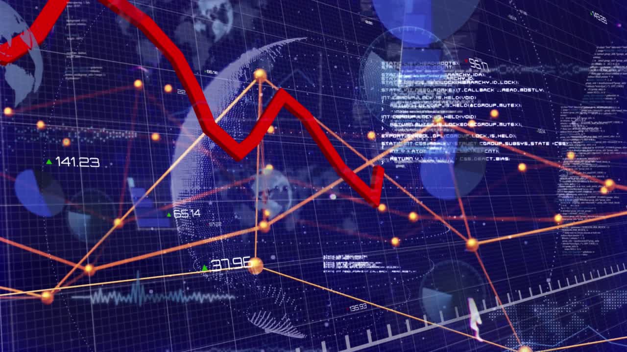 animación de gráficos sobre puntos conectados sobre globos y lenguaje informático sobre fondo negro