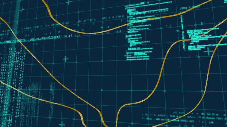 Animation of flowing lines and code grid representing data analysis in technology