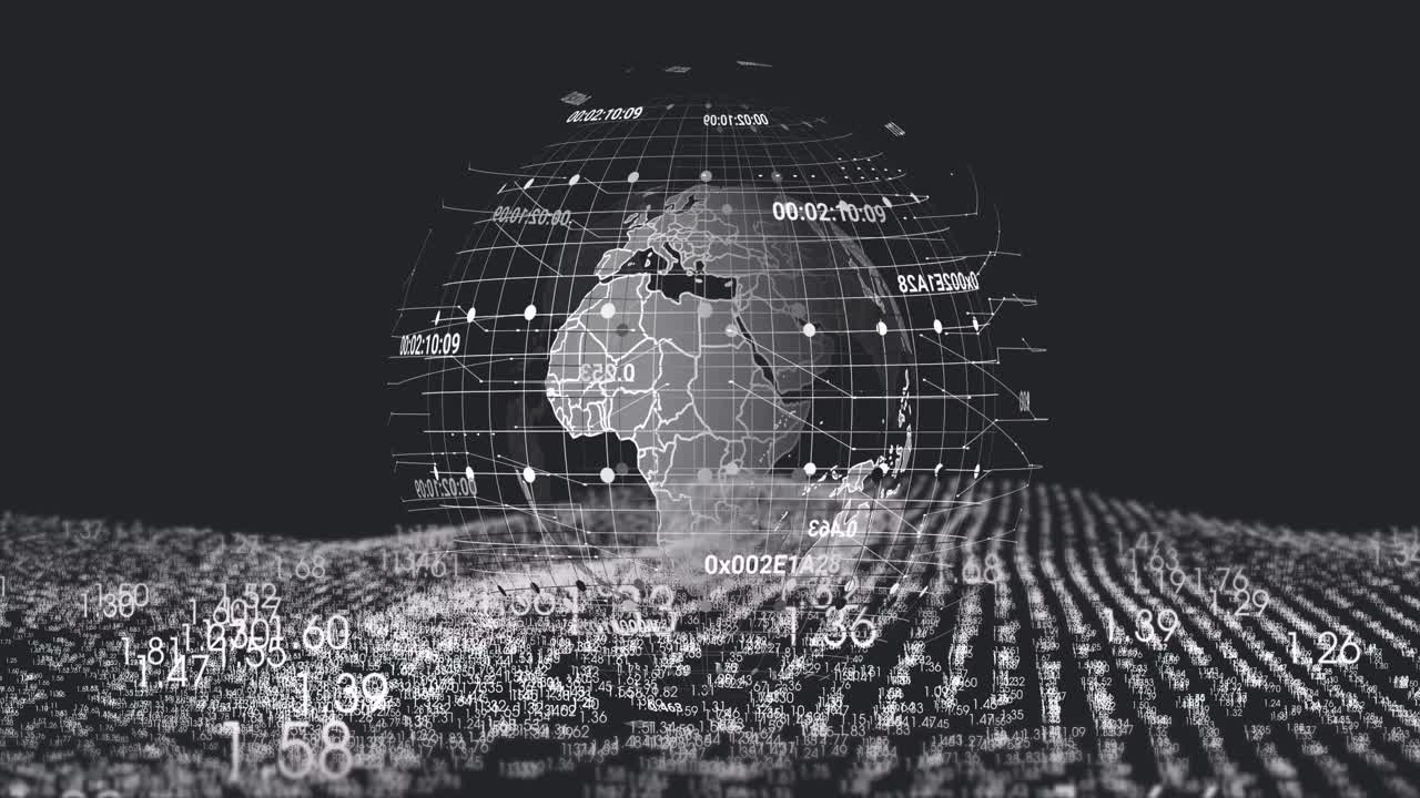 Animation of globe rotating over digital space on black background