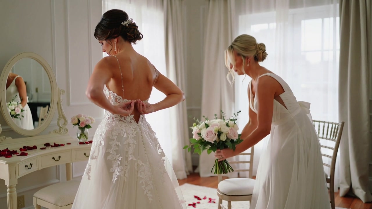 Preparing for ceremony, bride fastening floral gown in bridal suite, bridesmaid holding bouquet