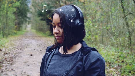 digitally animated brain waves of a woman wearing headphones and listening to music