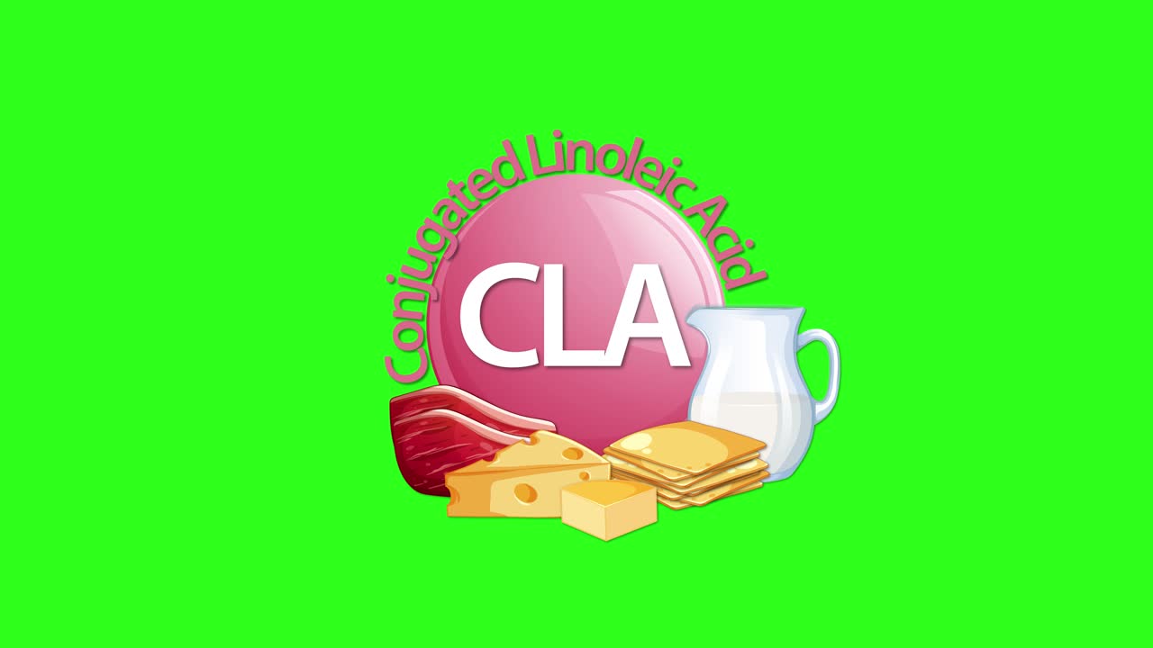 A pink CLA emblem animates in, accompanied by illustrated cheese, milk, and meat on a vibrant green screen background. Smooth, simple transitions highlight nutritional sources