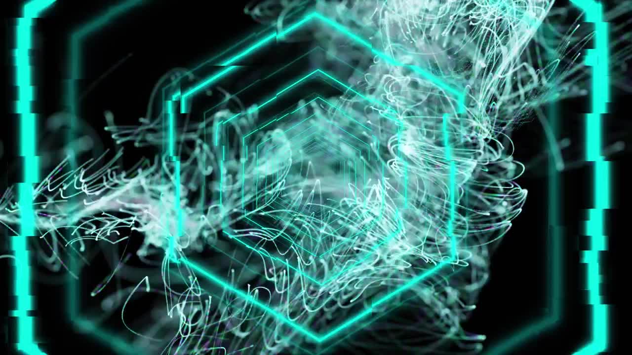 Animation of glowing turquoise hexagons over explosion of turquoise light trails on black background