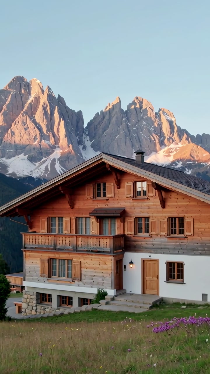 Vertical video: Panning camera to reveal alpine chalet at sunrise with meadow, peaks and bird