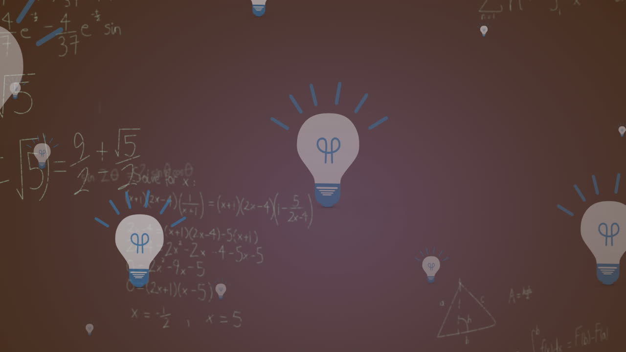 Animation of multiple electric bulb icons and mathematical equations against grey background