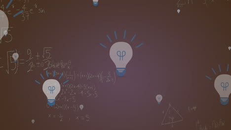 animación de múltiples iconos de bombillas eléctricas y ecuaciones matemáticas contra un fondo gris.