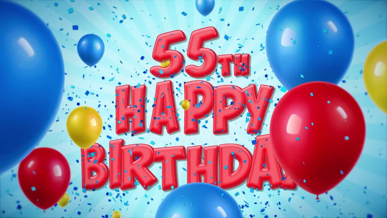 55th Happy Birthday Graphic with Balloons and Confetti