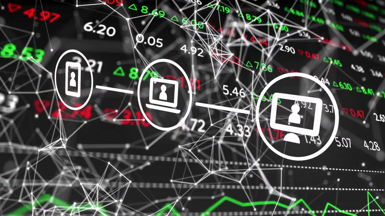 Ticker di mercato che si aggiornano, 3 icone di dispositivi che si collegano verso destra su un piano dati, grafico pulsante per la finanza