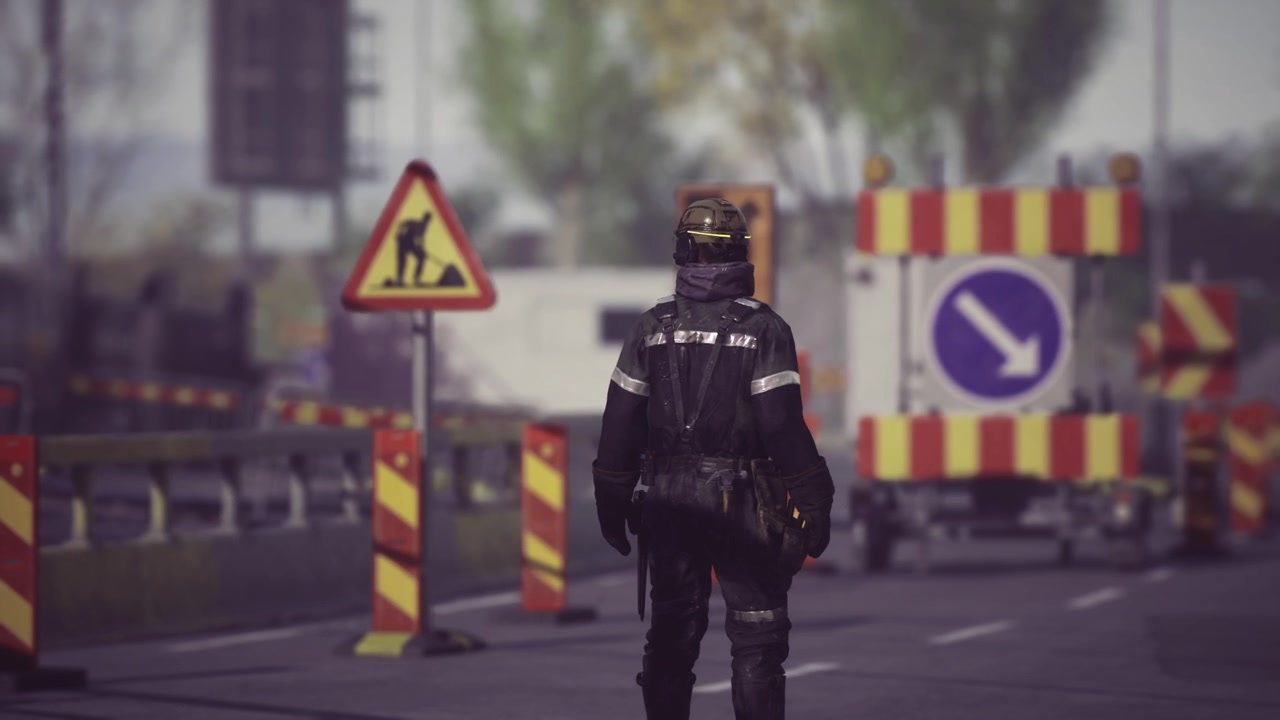 Técnico revisa avisos de perigo e equipamento de proteção no local de trabalho.