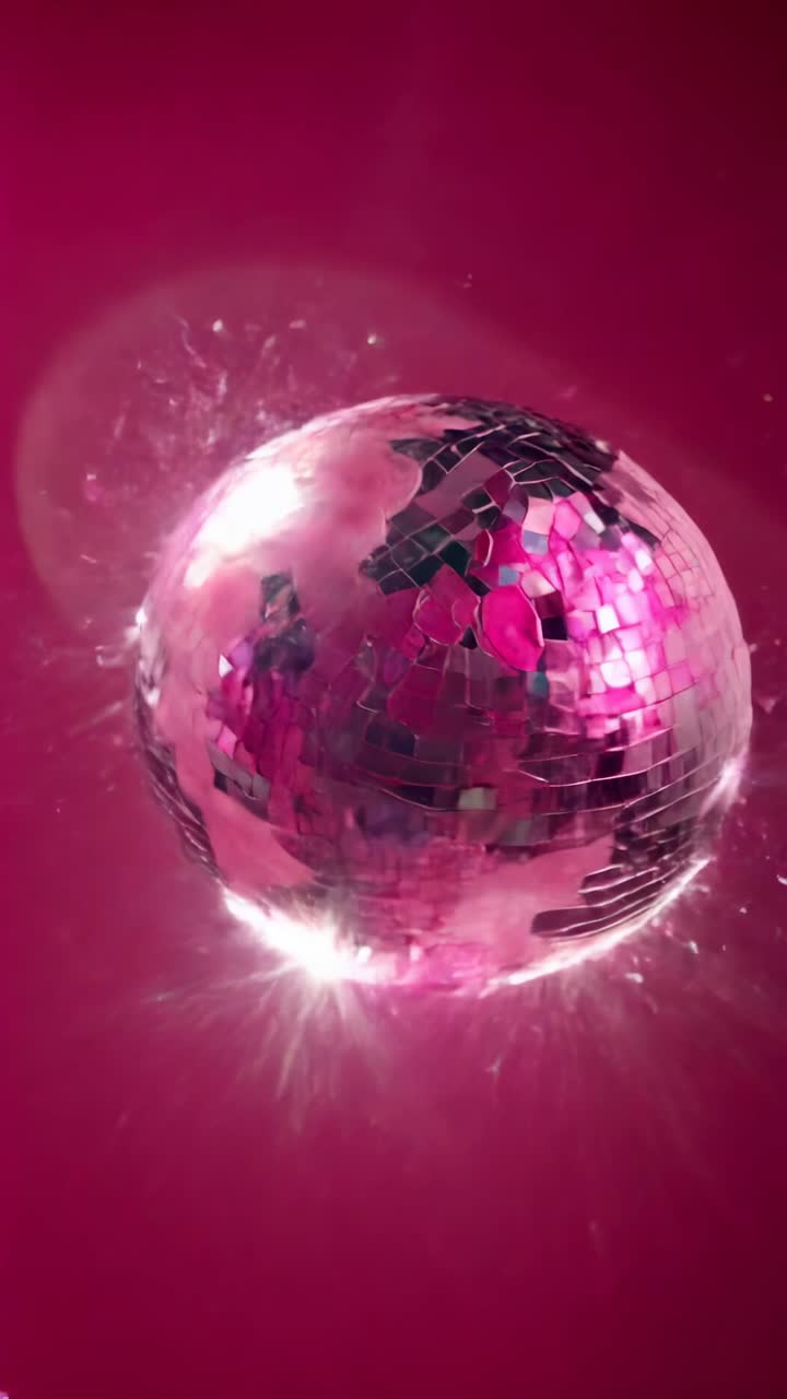 Sebuah bola disko berkilauan berputar dengan latar belakang merah muda yang cerah. Diambil dari sudut rendah, video
