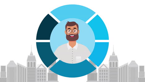 joven empresario con edificios de paisaje urbano