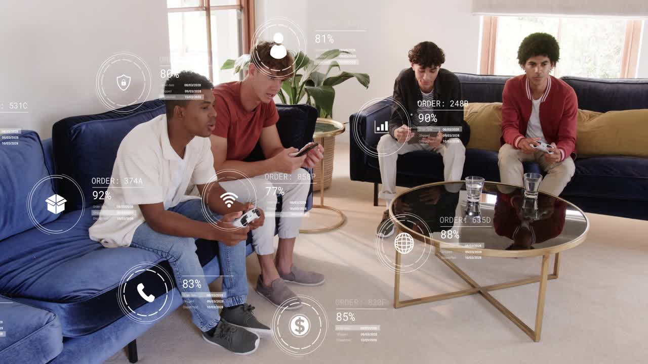 Four players pressing gamepads, initiating AR HUDs filling living room, highlighting game stats
