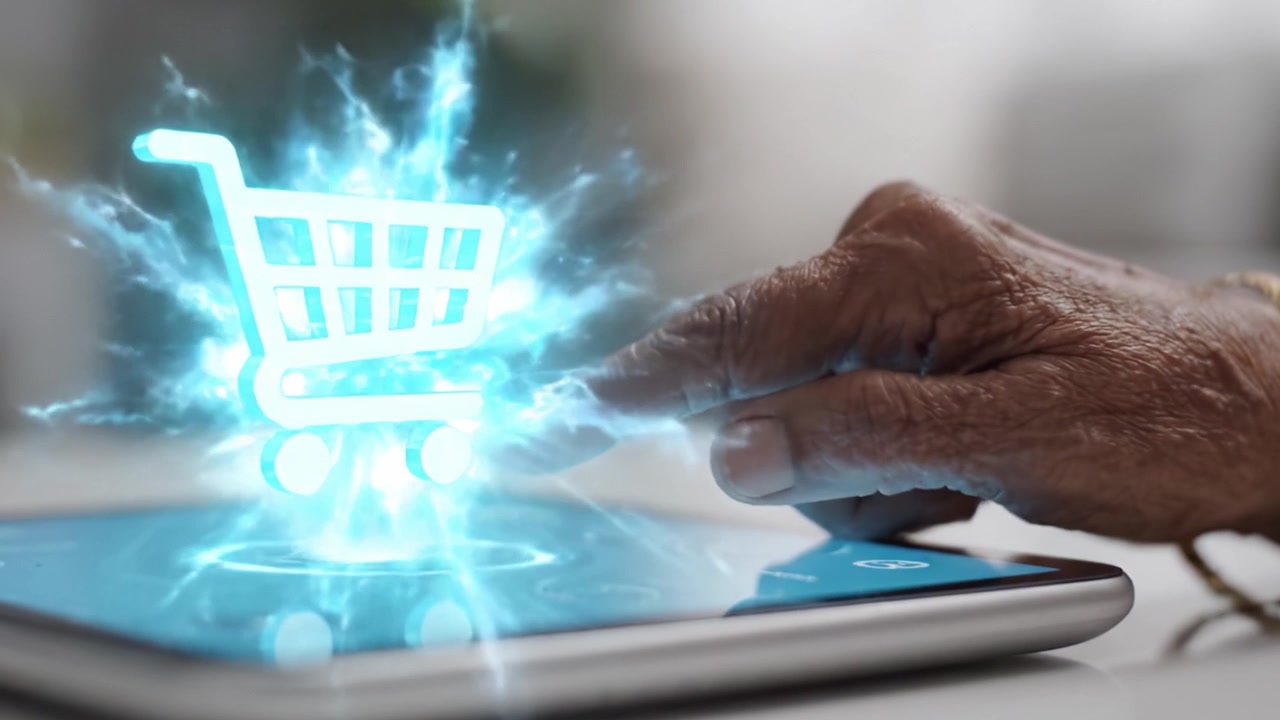 Experiencia de compra digital innovadora: Transición fluida desde la selección del carrito hasta la confirmación del pedido en una tableta con pantalla táctil.