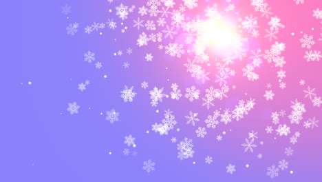 colorful snowflakes falling against a pink and blue sky