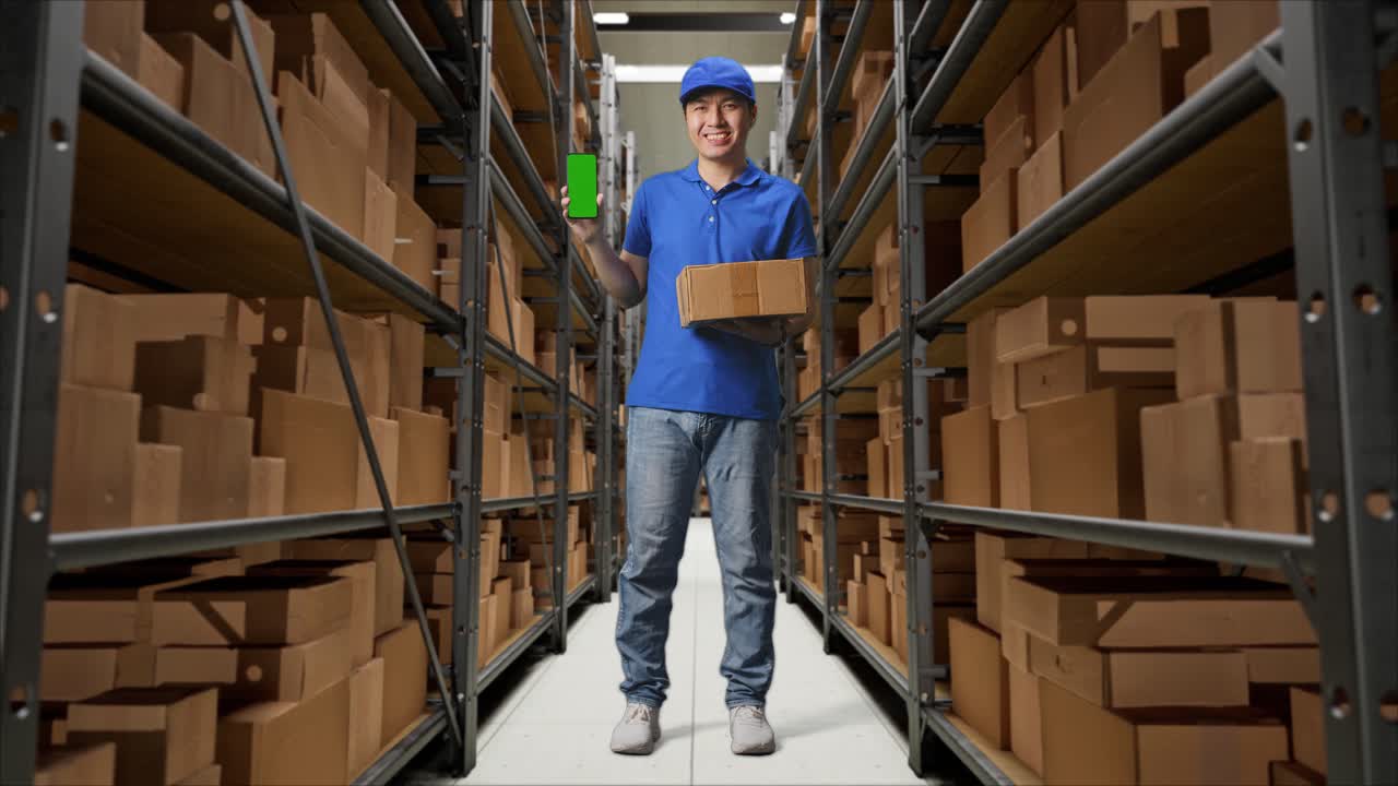 cuerpo lleno de mensajero masculino asiático en uniforme azul sonriendo y mostrando pantalla verde teléfono inteligente mientras entrega una caja en el almacén