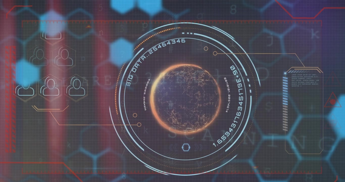 Animation of firewall text and scanner processing over global network on black with colourful lights