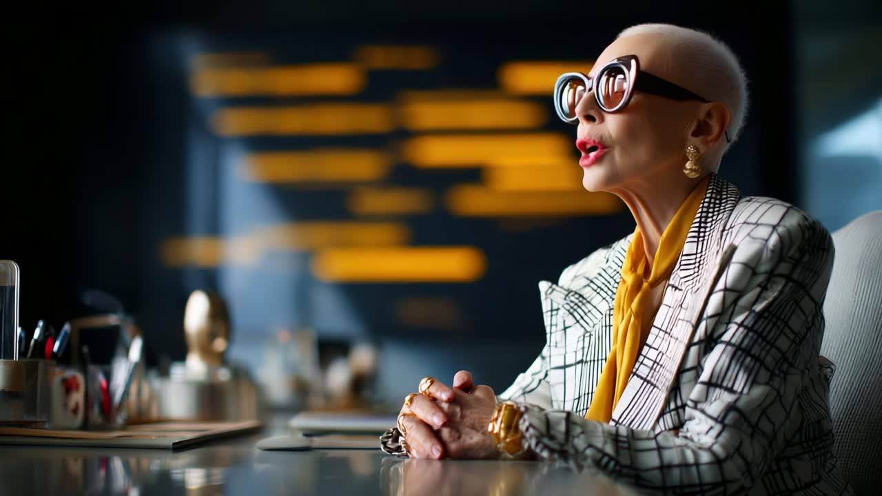 A poised and stylish elderly woman creates an impactful presence in a modern office, showcasing confidence and elegance while engaging in a thoughtful moment of reflection