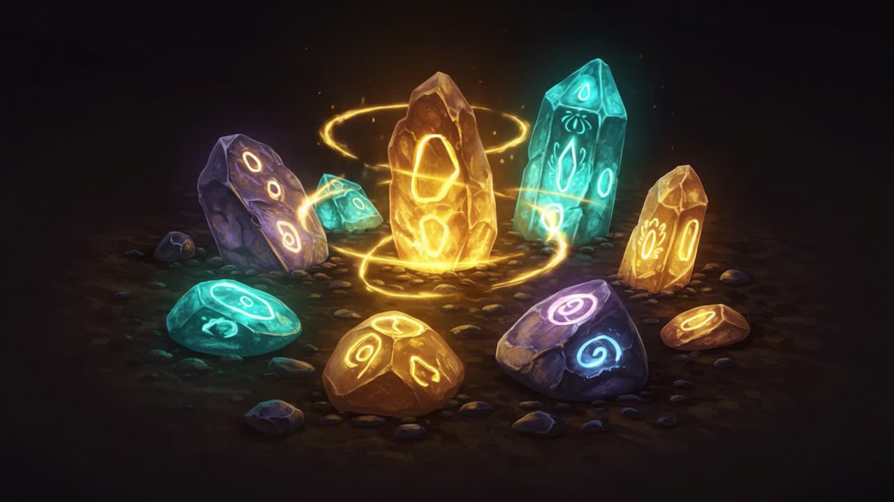 A Magical Display of Illuminated Crystals and Stones Encircling a Radiant Energy, Evoking Mystical Powers and Enchantment in a Darkened Setting