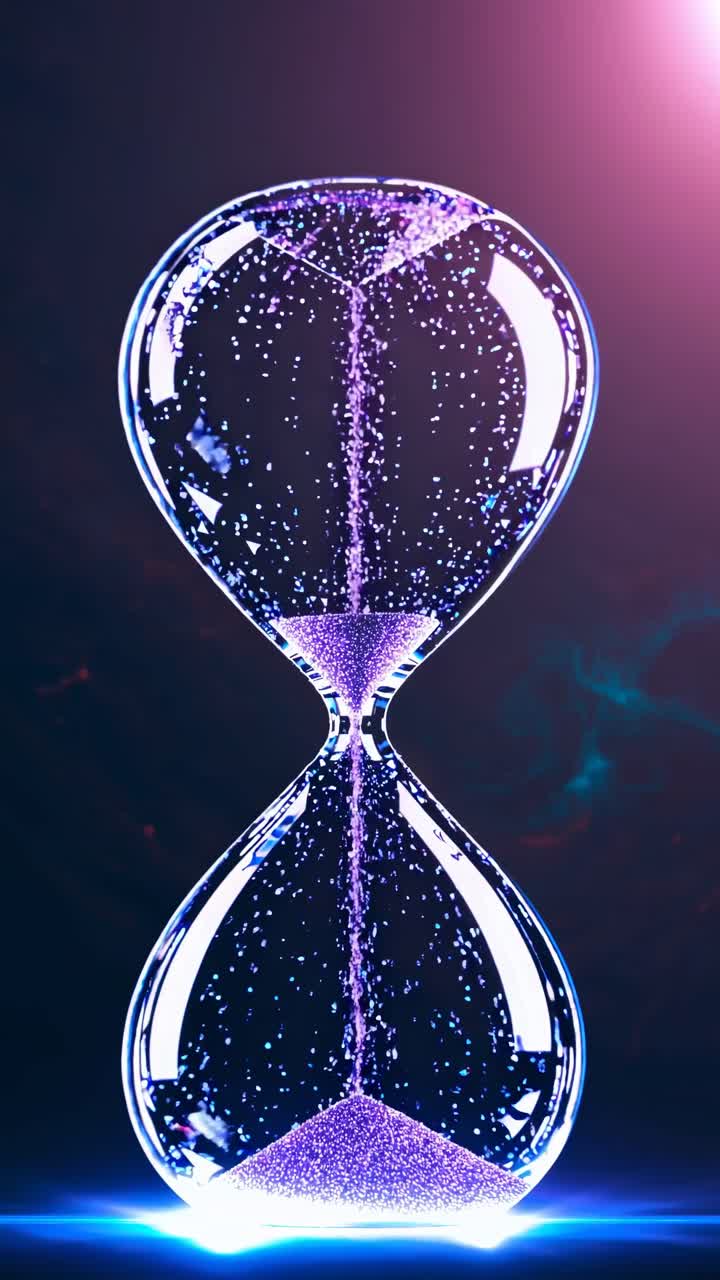 A futuristic video concept of a glowing hourglass with purple sand, captured from a low angle