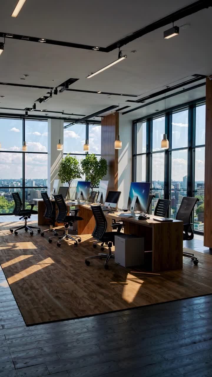 Oficina moderna con elegantes escritorios y sillas, grandes ventanales y vistas a la ciudad