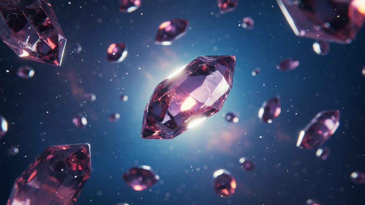 Captivating Glimmer of Floating Crystals: An Enigmatic Journey Through Shimmering Jewels in a Celestial Space Background