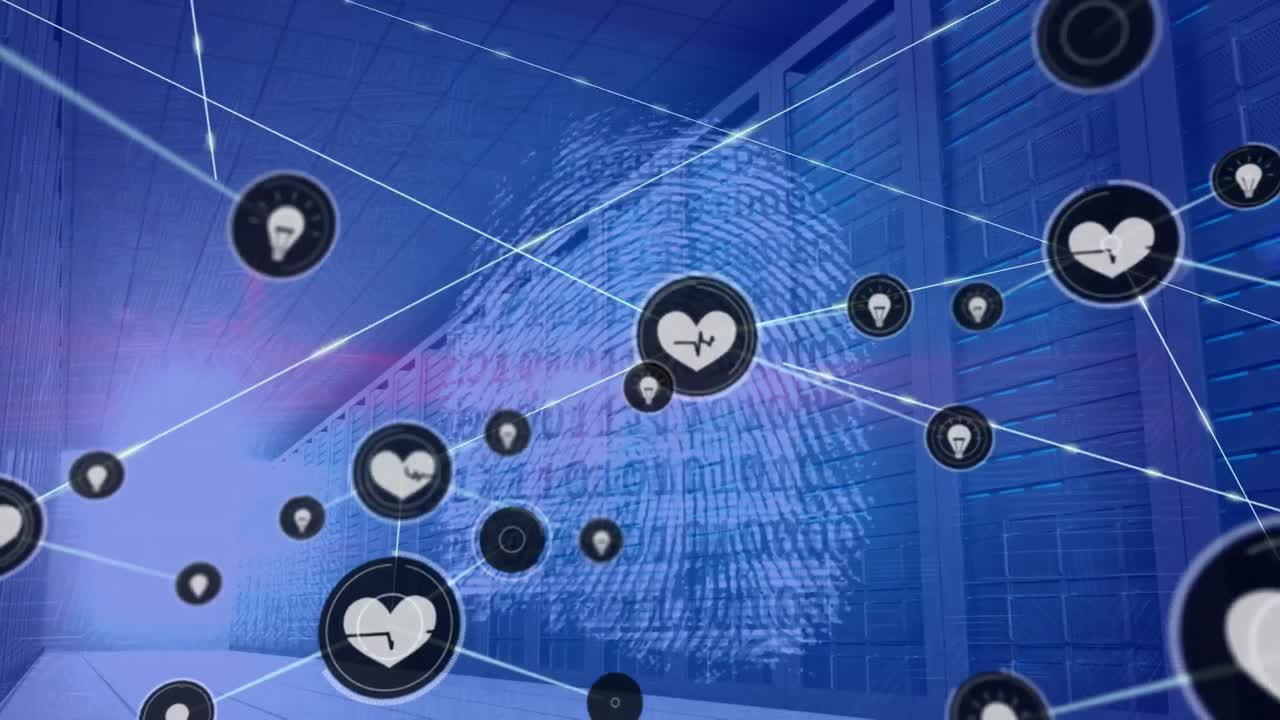 animación de la red de conexiones con iconos y codificación binaria a través de servidores informáticos