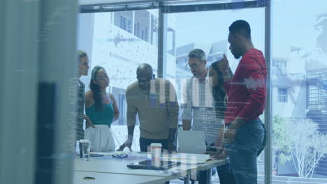 animation of financial data processing over diverse business people in office