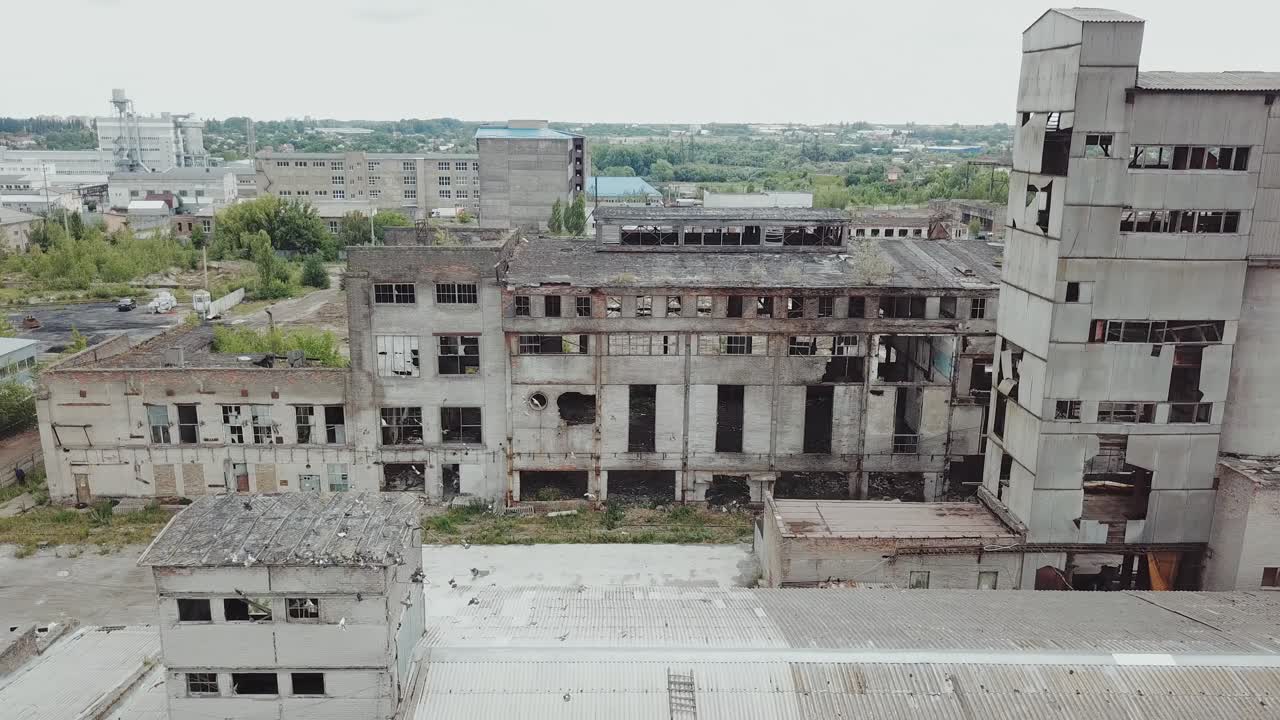 Ruins of an old factory. Old industrial building for demolition. Aerial view